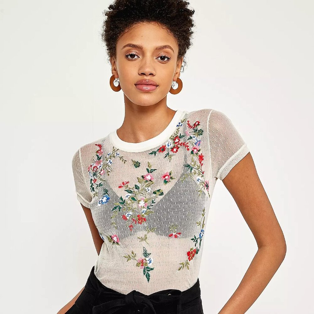 Urban Outfitters Sheer Floral Embroidered Top